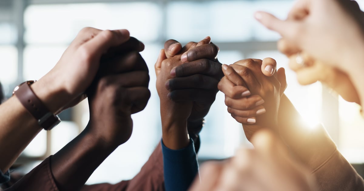 Community, holding hands and business people in unity for support, faith and solidarity
