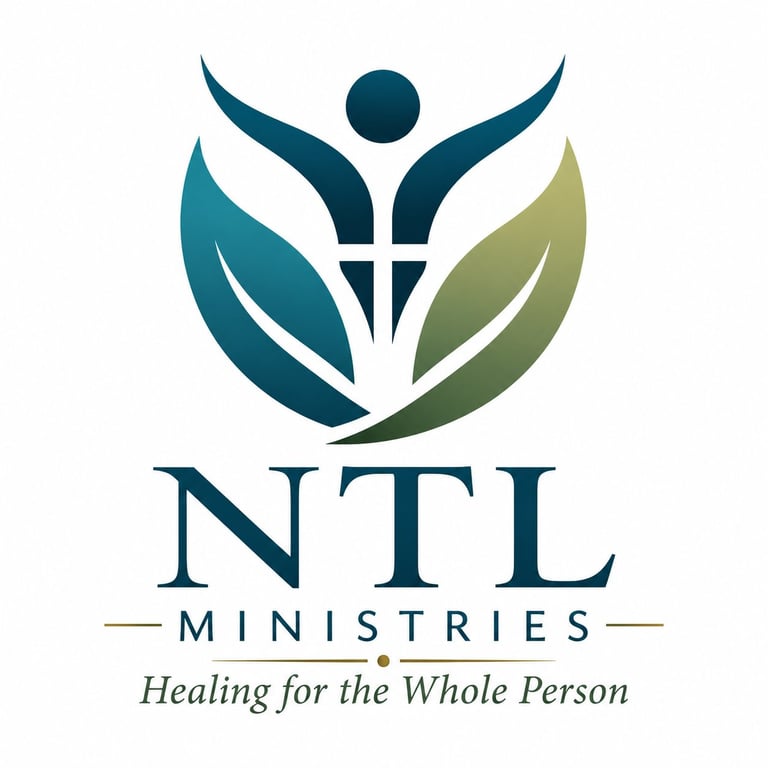 NTL Ministries logo featuring a stylized figure with raised arms surrounded by leaf designs and tagline Healing for the Whole Person